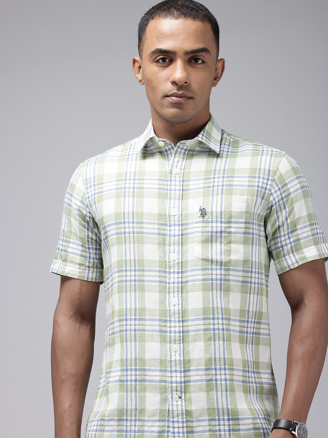 U.S. Polo Assn. Tailored Fit Tartan Checks Linen Cotton Casual Shirt