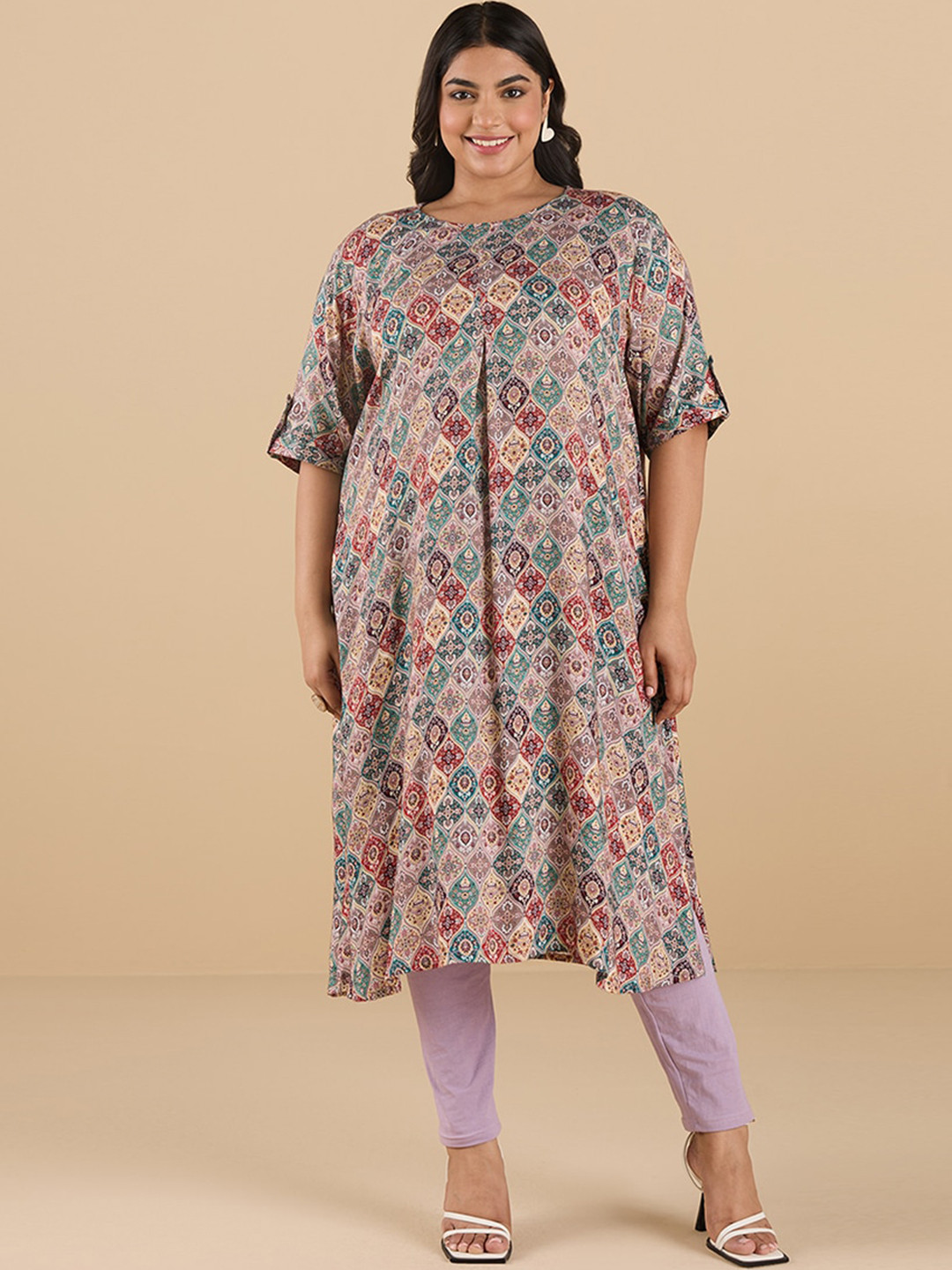 Big Hello - The Plus Life Ethnic Motifs Printed Roll-Up Sleeves Panelled Kurta