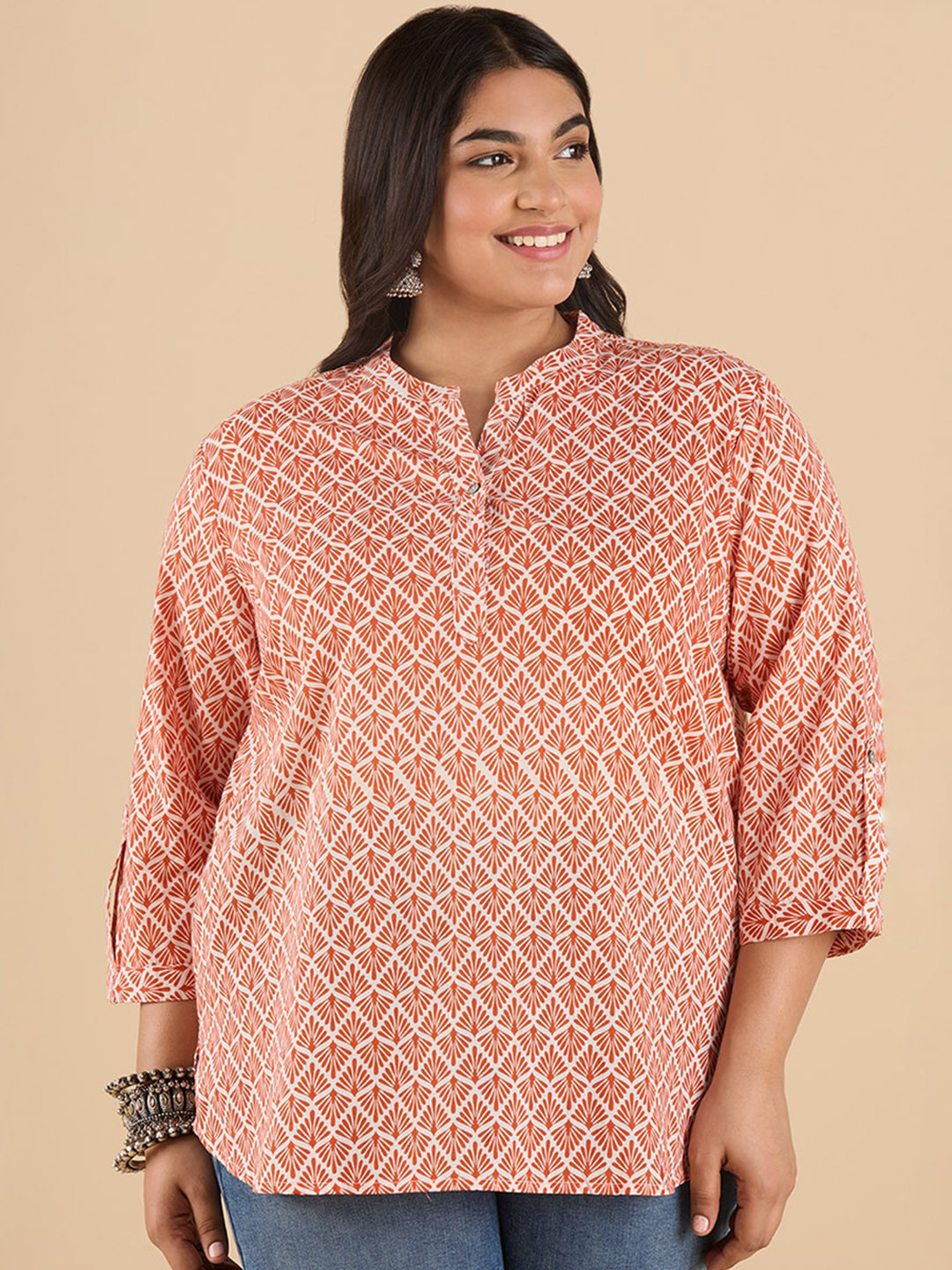 Big Hello - The Plus Life Ethnic Motifs Printed Mandarin Collar Pure Cotton Kurti