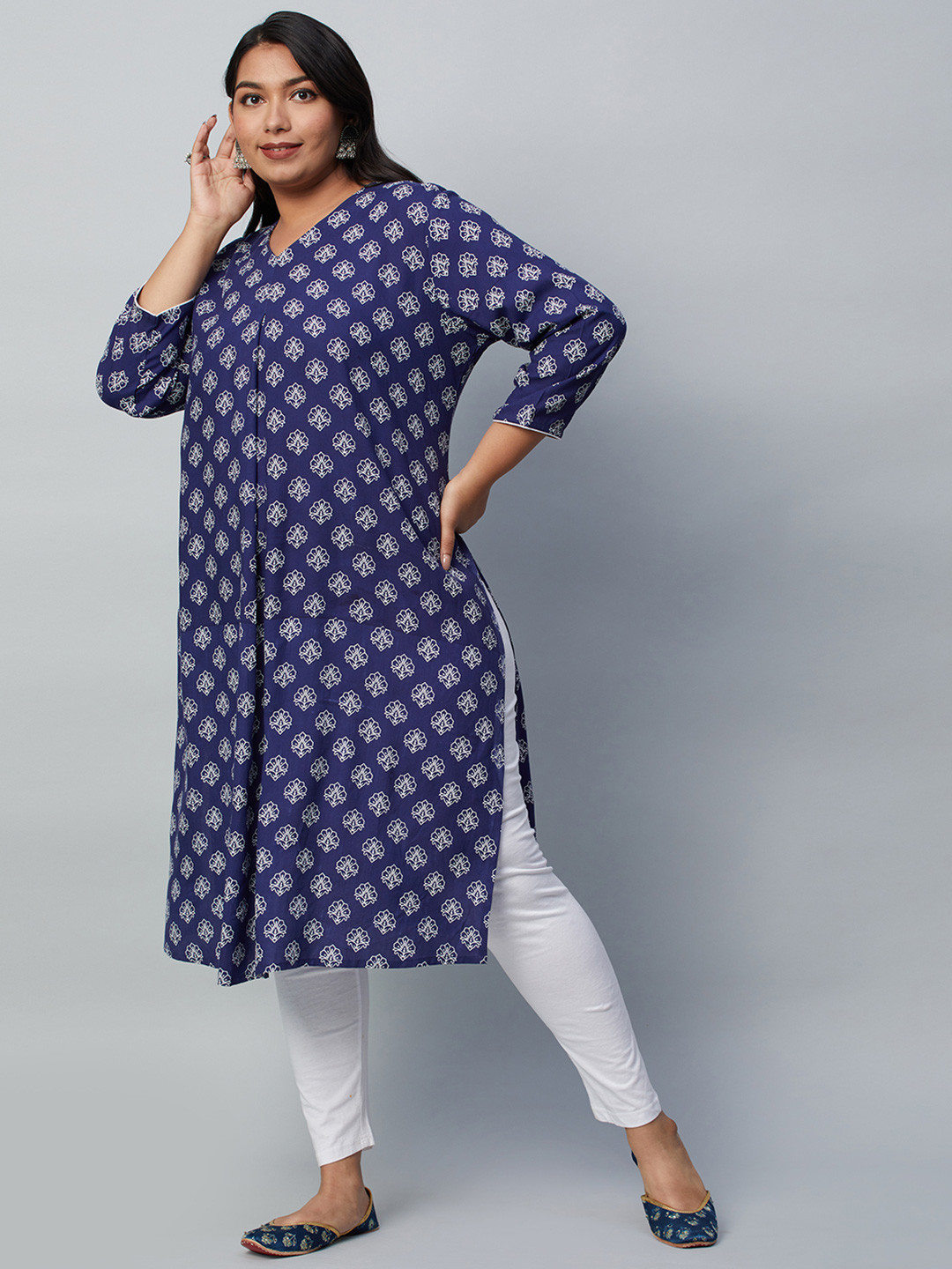 Big Hello - The Plus Life Women Geometric Keyhole Neck Cold-Shoulder Sleeves Mirror Work Anarkali Kurta