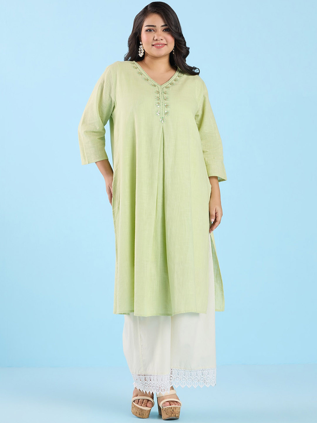 Big Hello - The Plus Life   V-Neck Thread Work Pure Cotton Straight Kurta