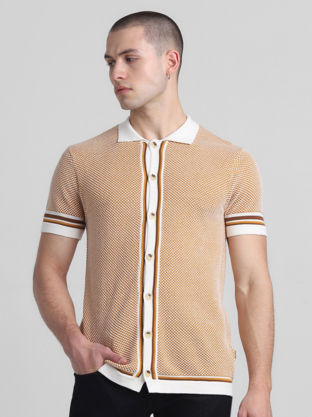 Jack & Jones Self Design Polo Collar Slim Fit Pure Cotton T-shirt