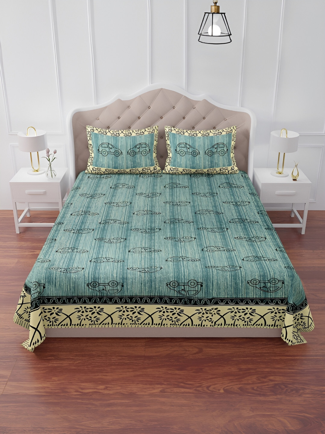 The Craft Monk Green Conversational Cotton 240 TC King Fine Bedsheet with 2 Pillow Covers-274 x 228 cm