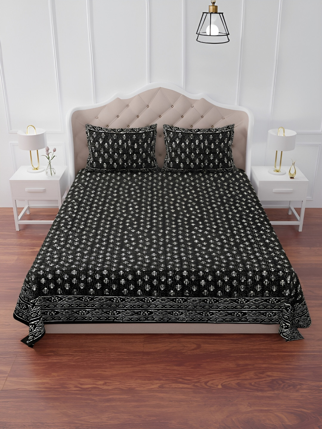 The Craft Monk Black Ethnic Motifs Cotton 240 TC King Fine Bedsheet with 2 Pillow Covers-108 x 90 inches
