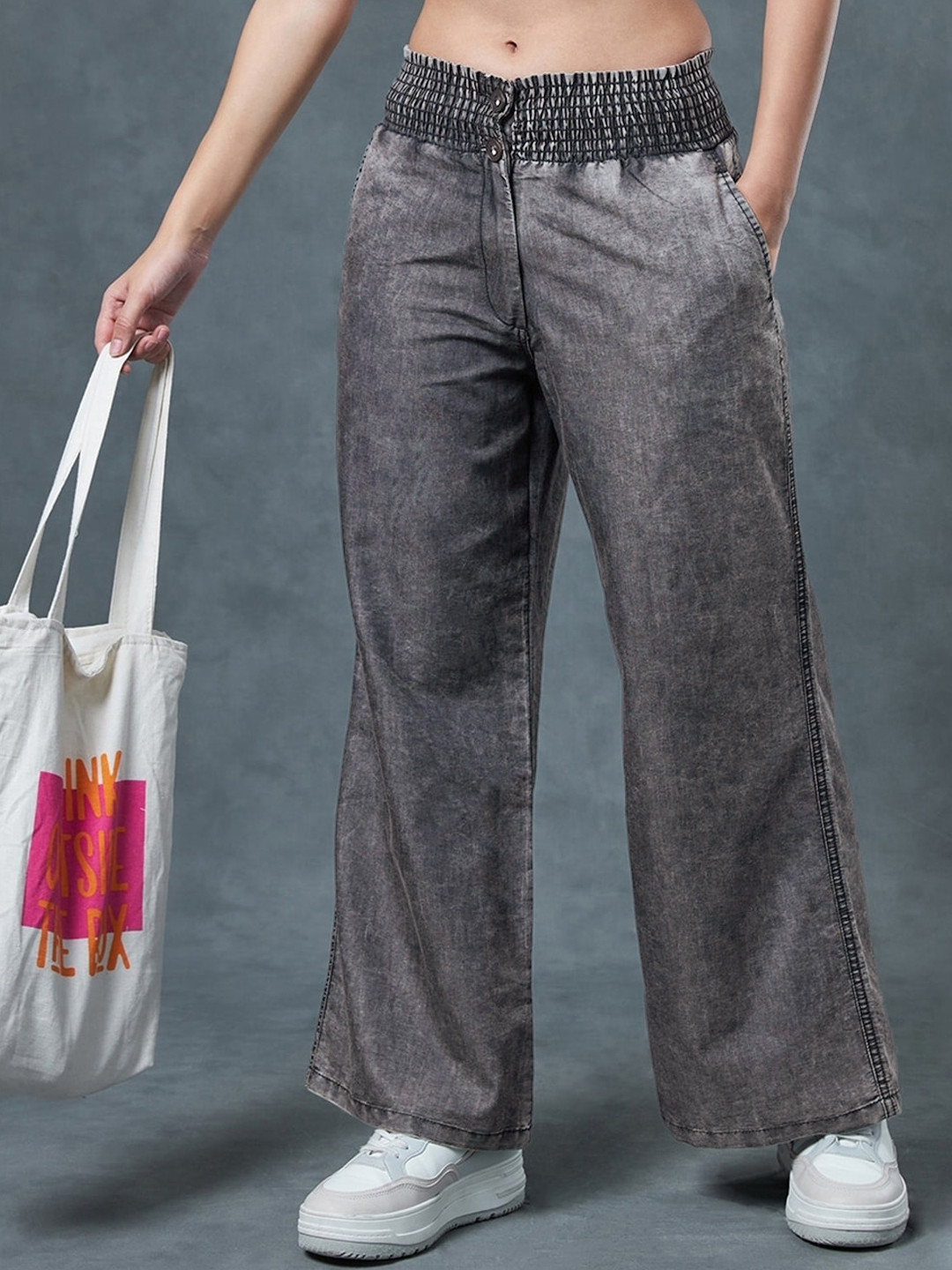 Bewakoof Women Flared Acid Wash Wide Leg Cotton Parallel Trousers