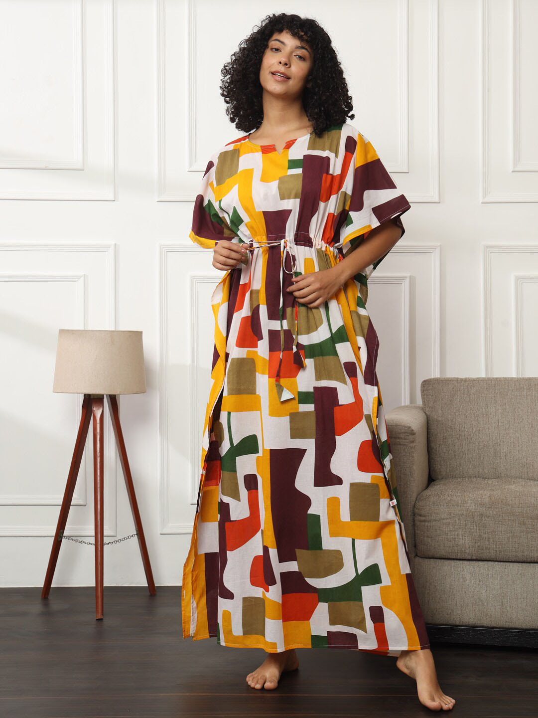 Bannos Swagger White Geometric Printed Pure Cotton Maxi Kaftan Nightdress