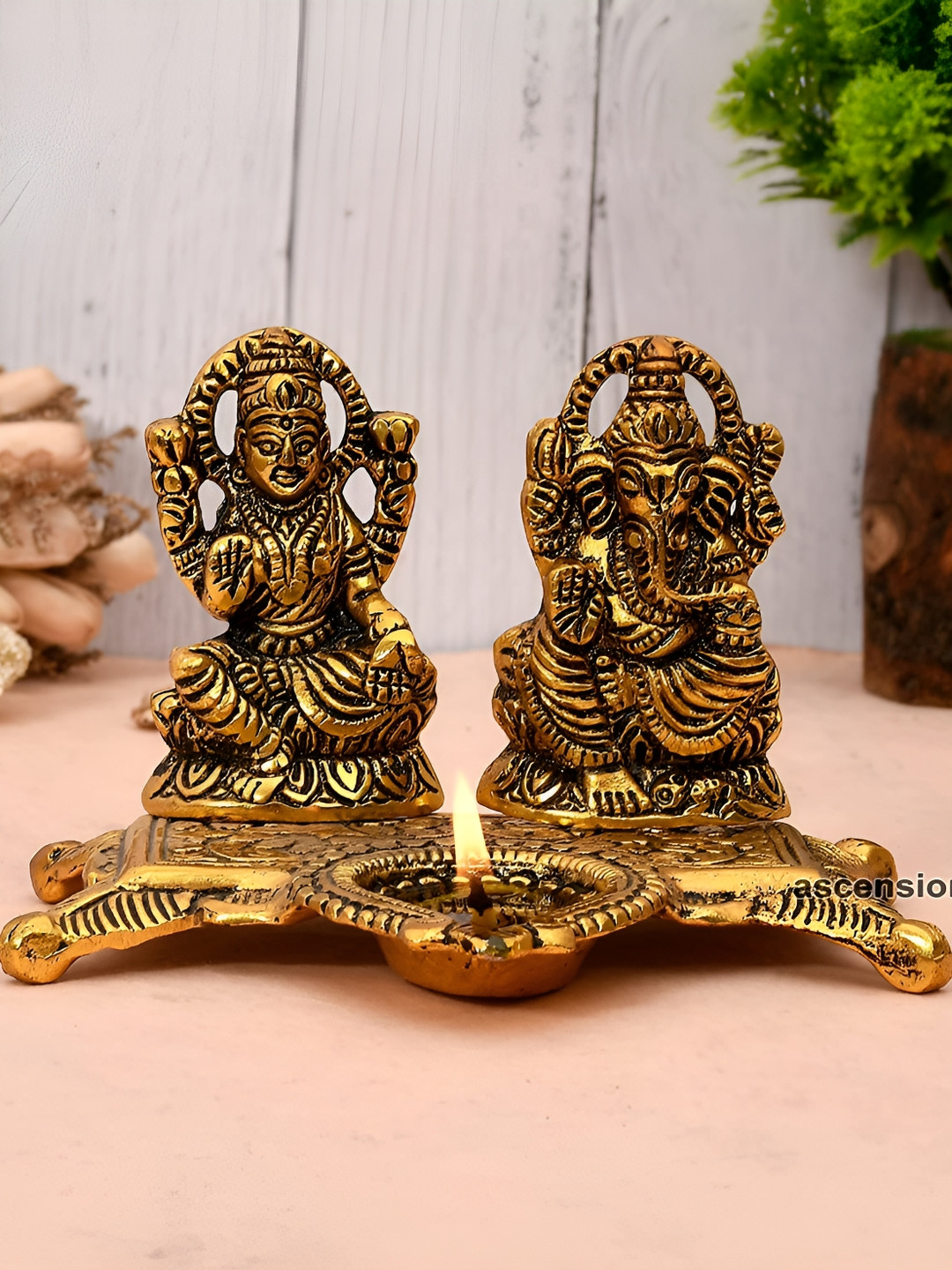 Ascension Laxmi Ganesha with Platter and Diya Gold Aluminium Metallic Prayer Room Tiny Showpiece - 3.5 Inches