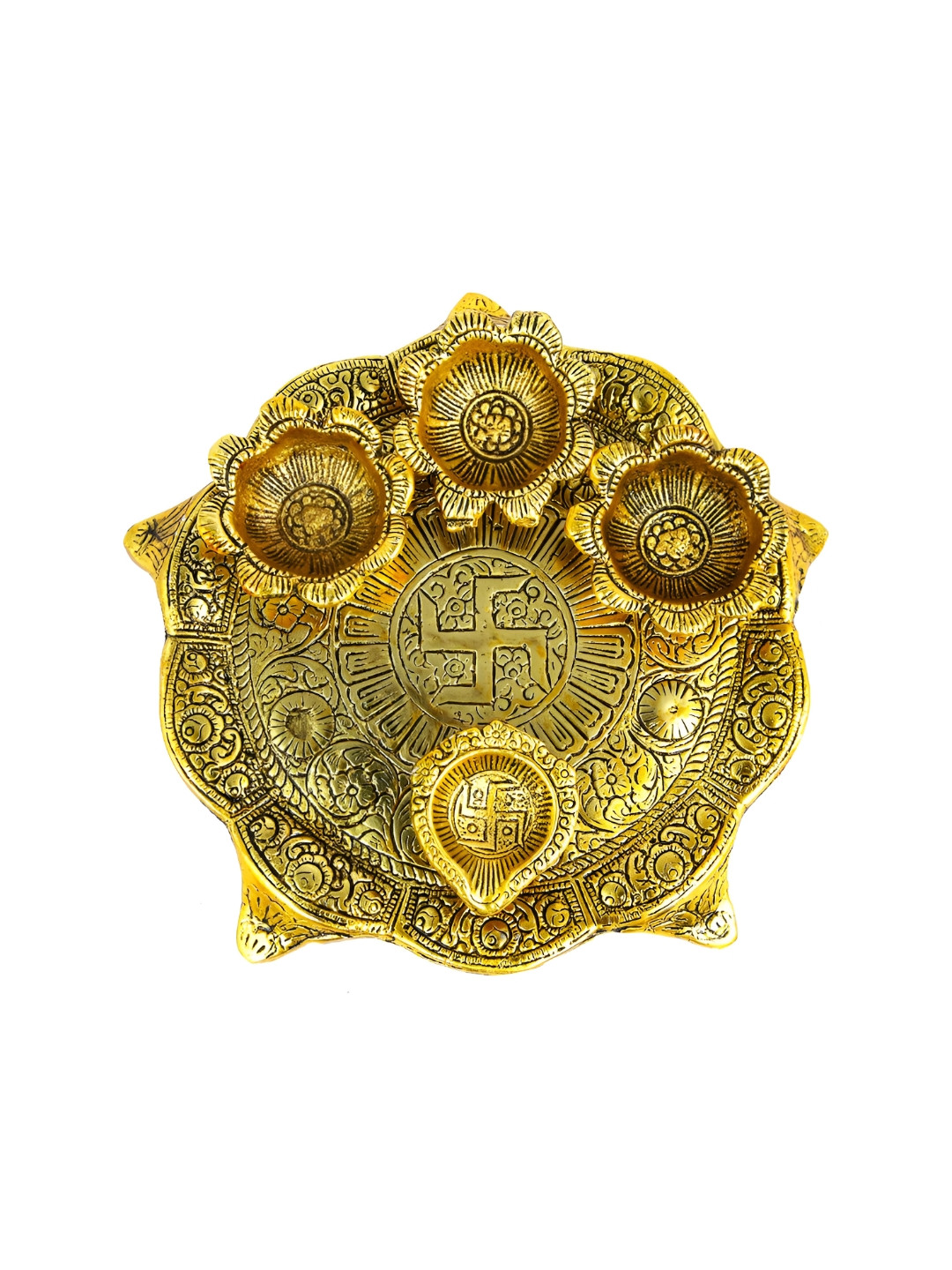 Ascension Pooja Thali with Deepak Swastik Flower Gold Metal Metallic Prayer Room Medium Showpiece - 8.5 Inches