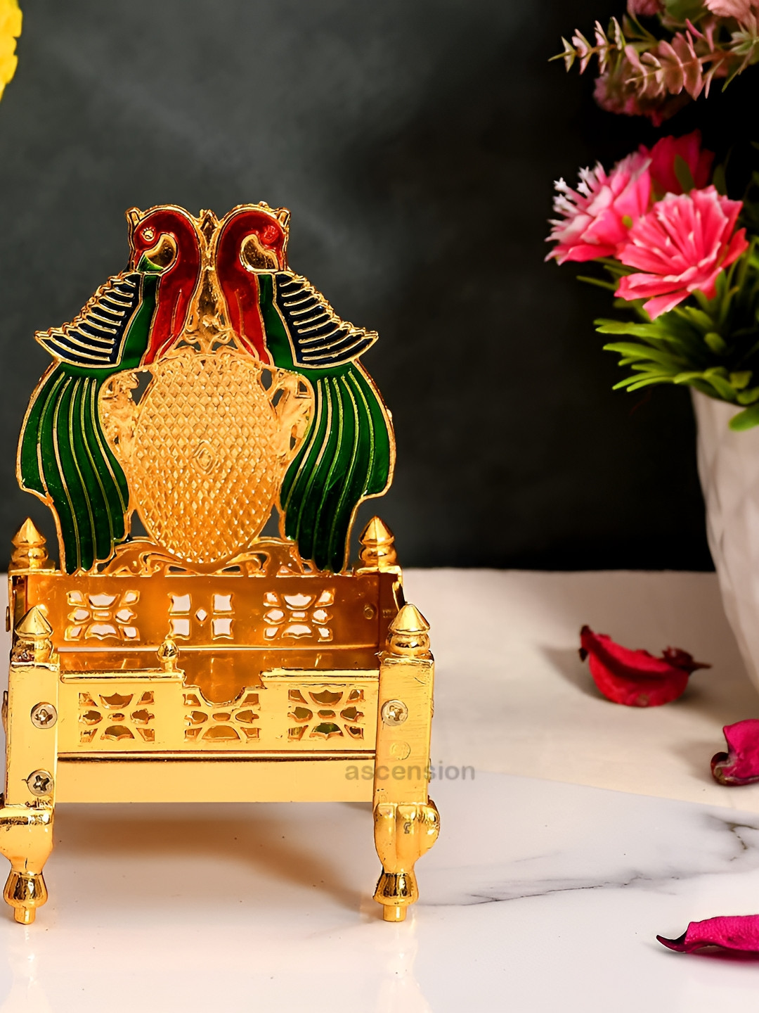 Ascension Nand Gopal Singhasan Green Aluminium Metallic Prayer Room Hand-Crafted Medium Showpiece -