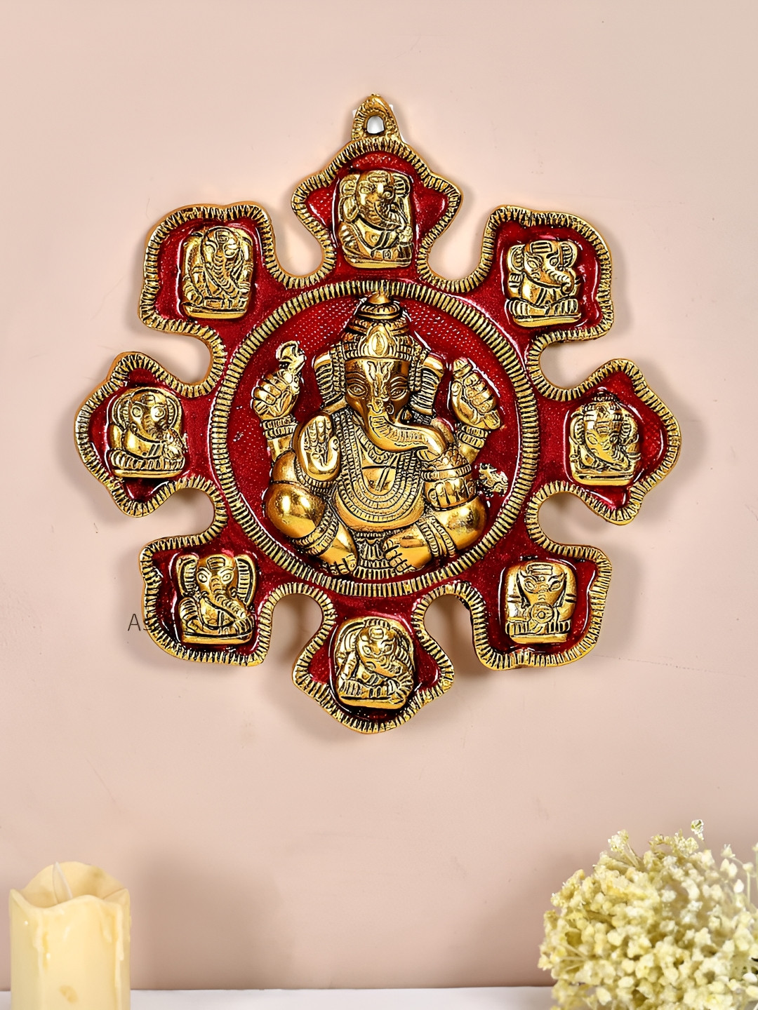 Ascension Ganesh Wall Hanging Red Metal Metallic Prayer Room Medium Showpiece - 11 Inches