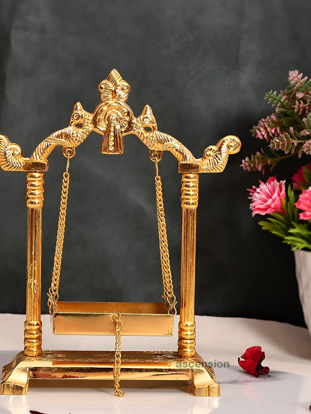 Ascension Jhula Swing Palana Nand Gopa Gold Metal Metallic Prayer Room Small Showpiece - 8.5 Inches