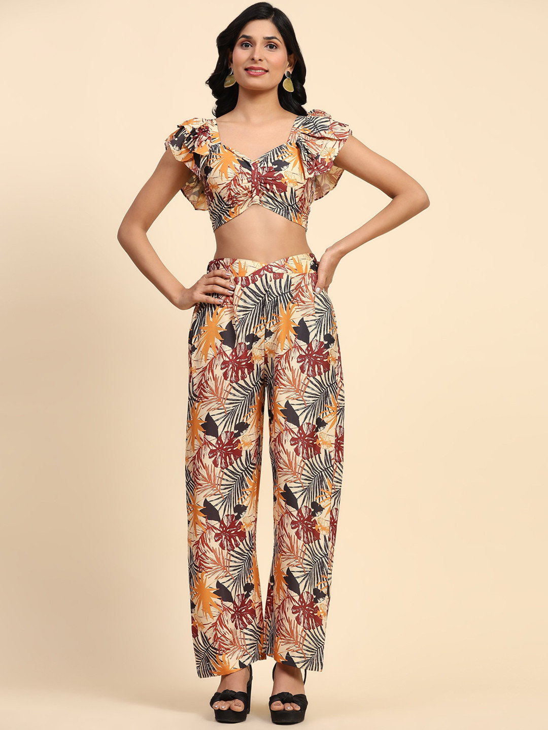 RACHNA Tropical Printed Sweetheart Neck Ruffled Sleeves Crop Top With Trouser