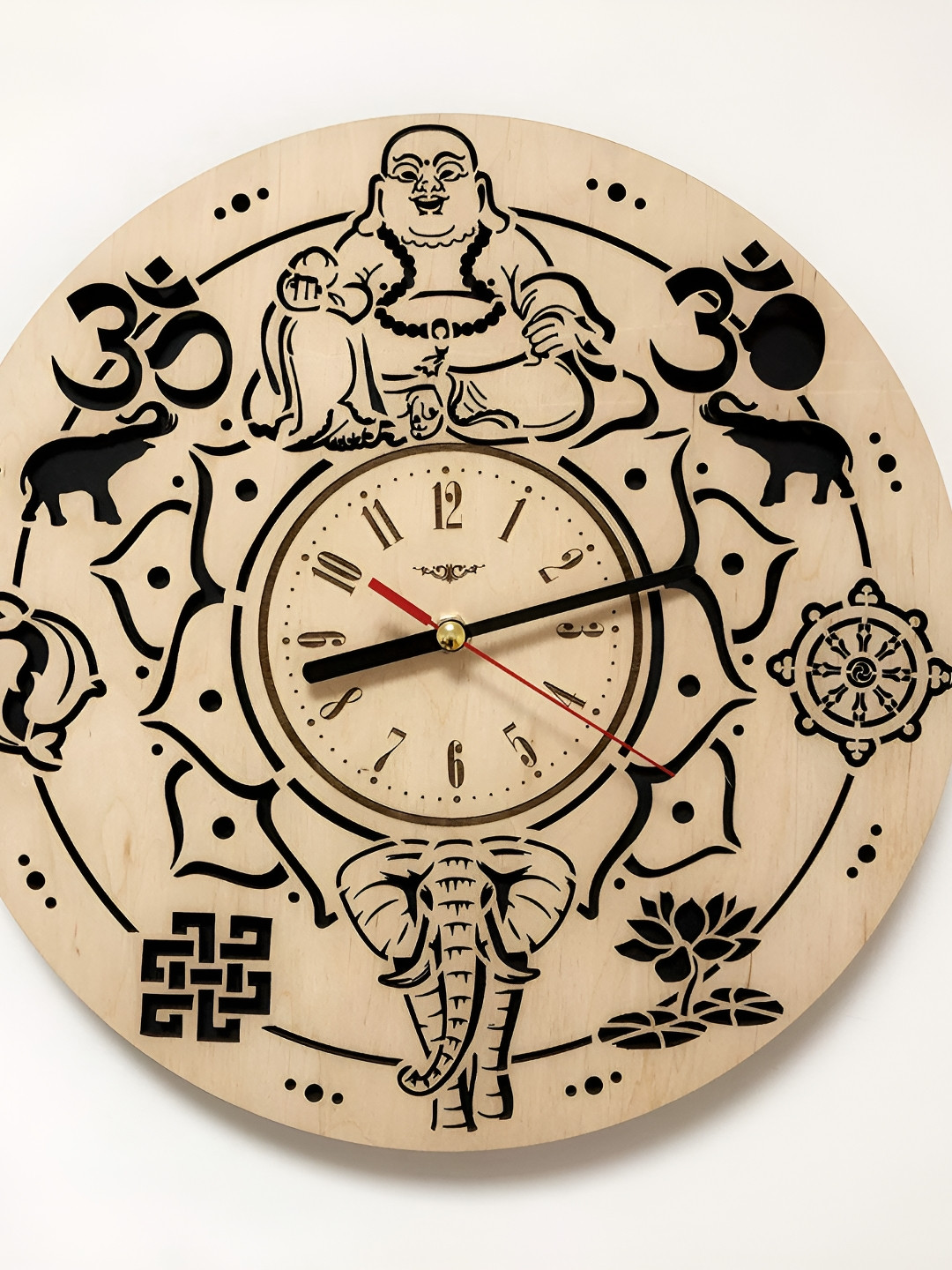 QEZNEF Beige & Black Textured Wooden Round Contemporary Wall Clock