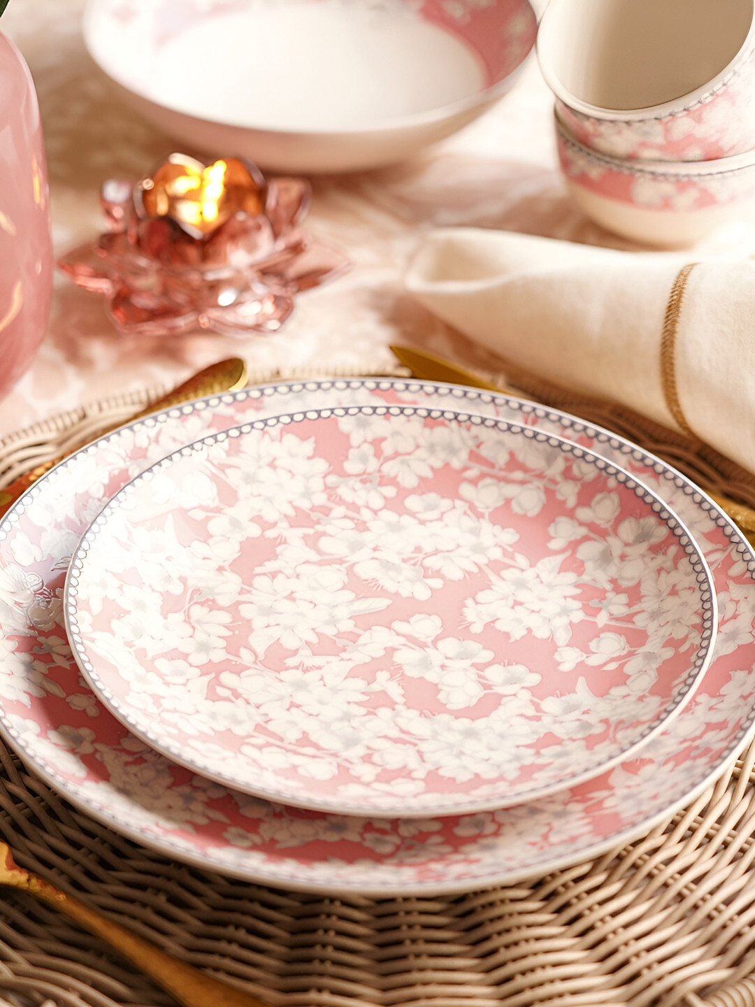 Pure Home and Living Pink & White Floral Printed Ceramic Glossy Finished Plates
