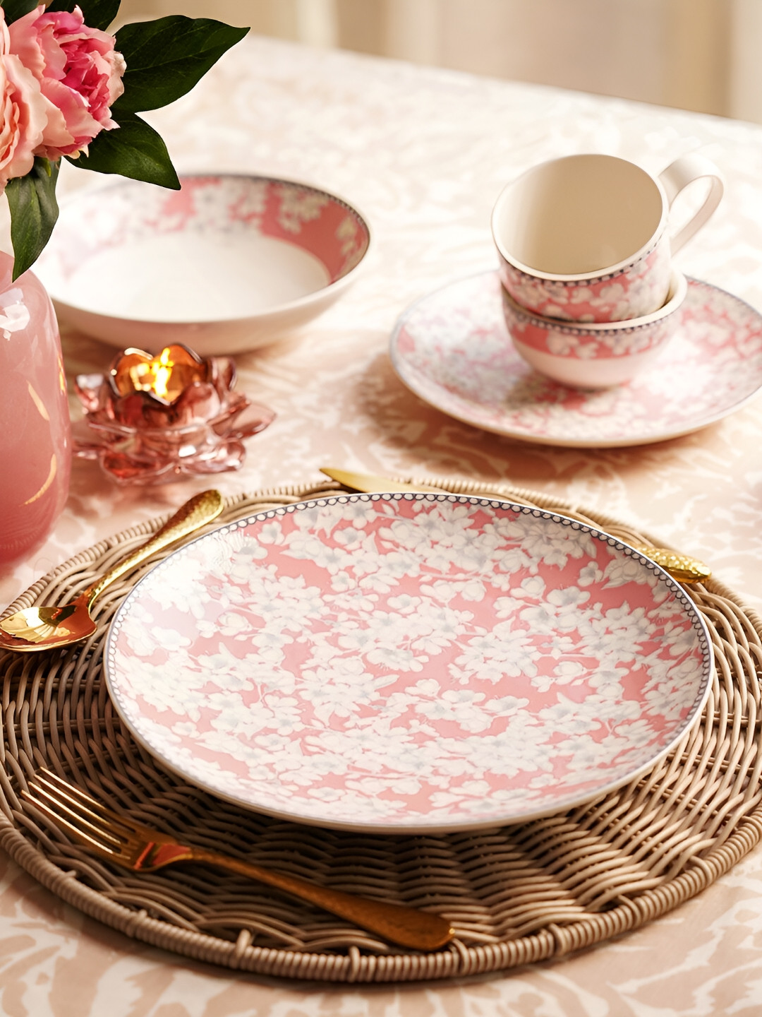 Pure Home and Living Pink & White Floral Printed Ceramic Glossy Finished Plate
