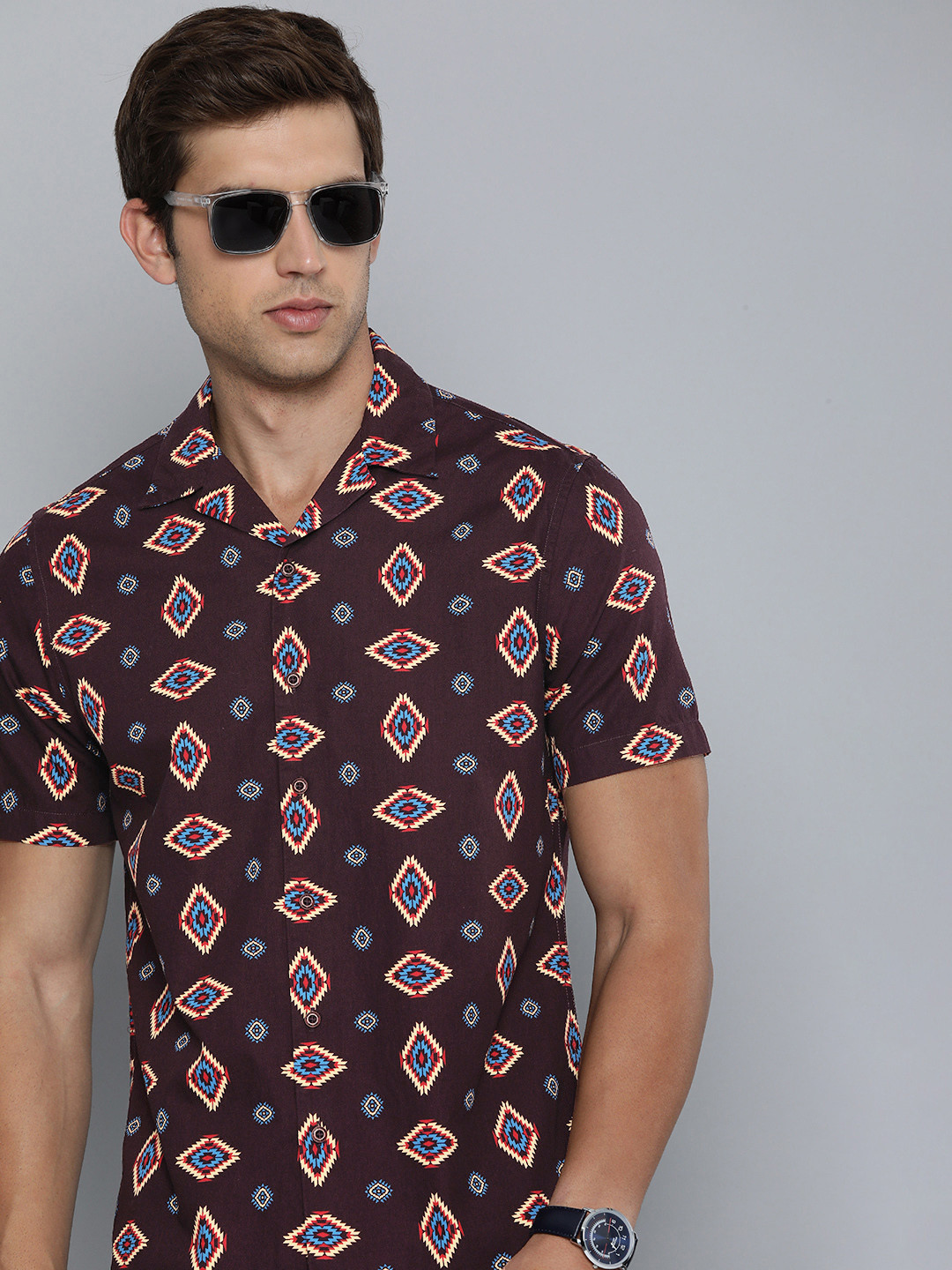Flying Machine Geometric Printed Cuban Collar Pure Cotton Casual Shirt