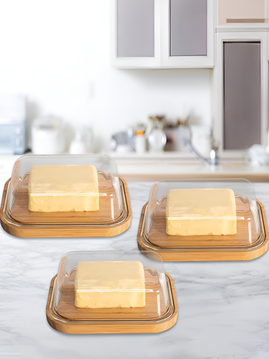 The Better Home Transparent 3 Pieces Glass Butter Dish & Bamboo Lid Stick Butter Holder