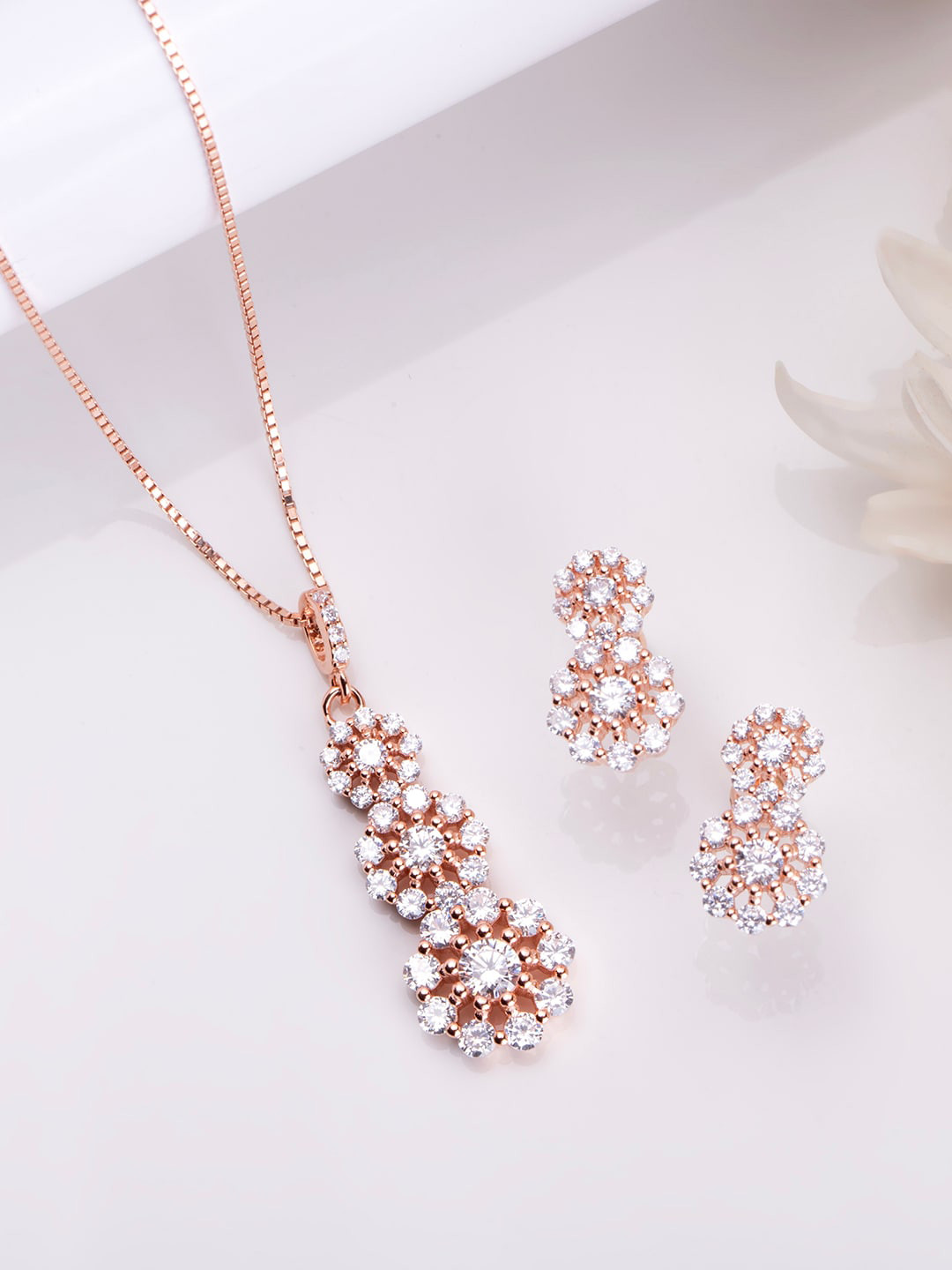 Zavya Rose Gold-Plated 925 Pure Silver Cubic Zirconia-Studded Pendant Set