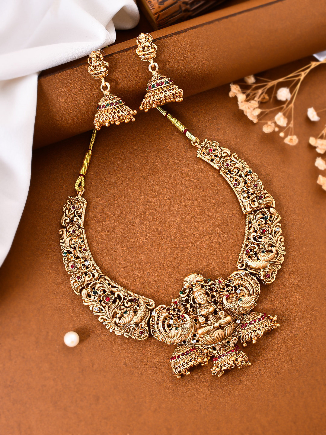 Silvermerc Designs Gold Plated Quartz Studded Temple Jewellery Set