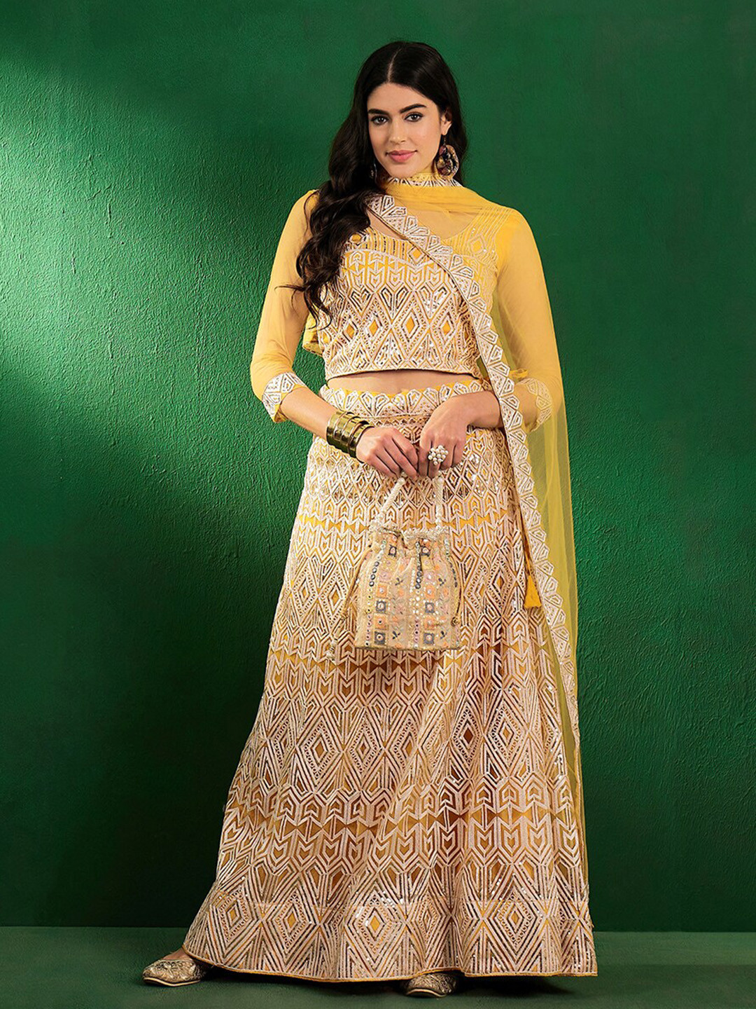 Sangria Sequence Embroidered Net Semi-Stitched Lehenga With Choli & Dupatta