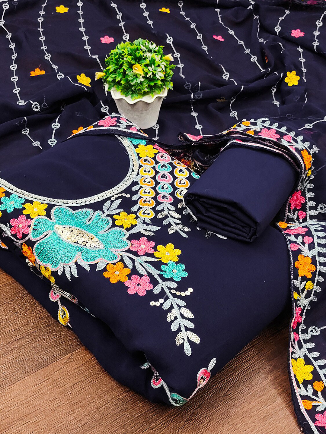 Leeza Store Floral Embroidered Sequinned Silk Georgette Unstitched Dress Material