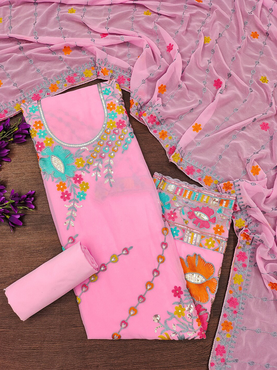 Leeza Store Floral Sequined Embellished Unstitched Dress Material