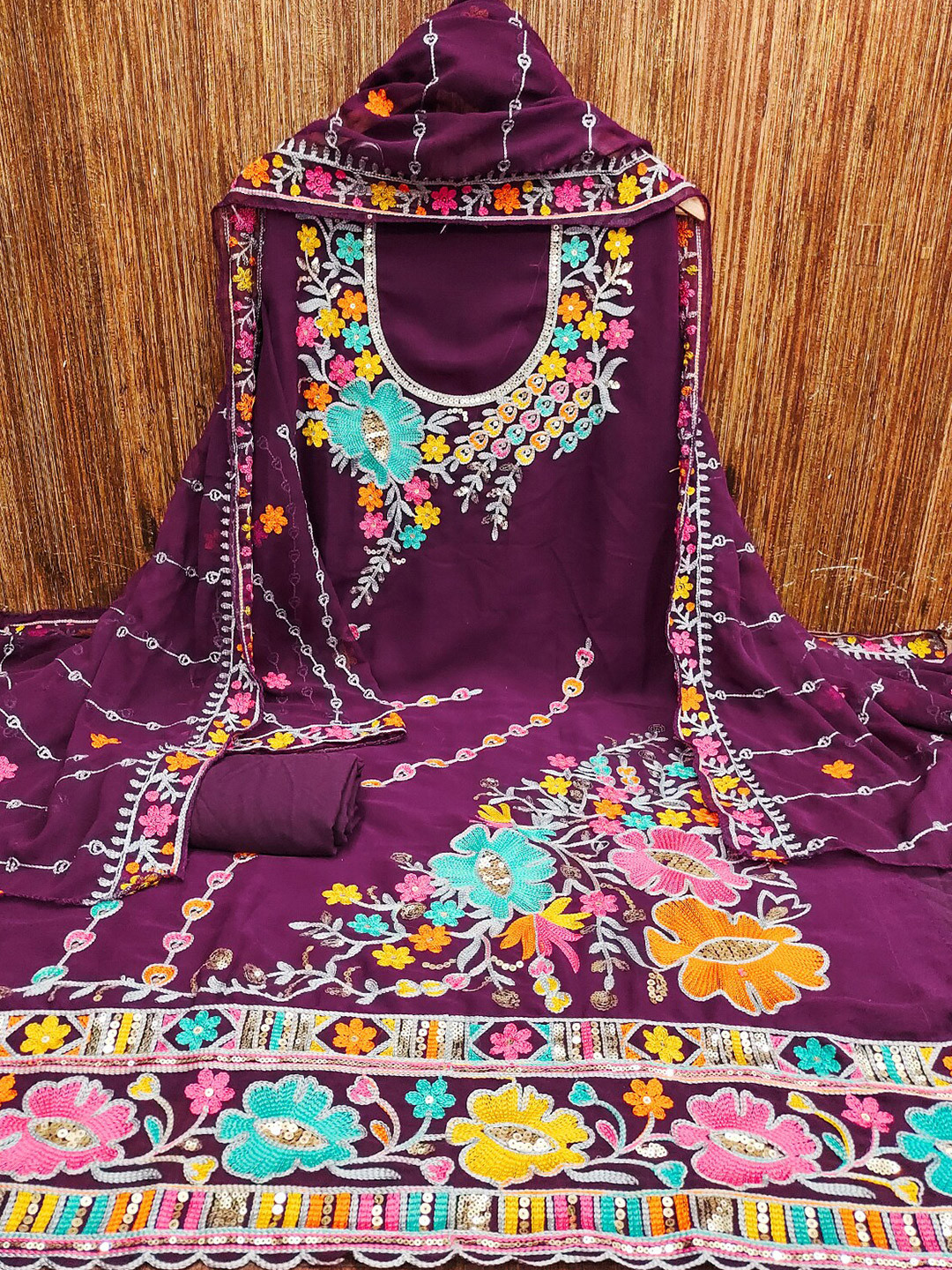 Leeza Store Floral Embroidered Sequinned Detailed Unstitched Dress Material