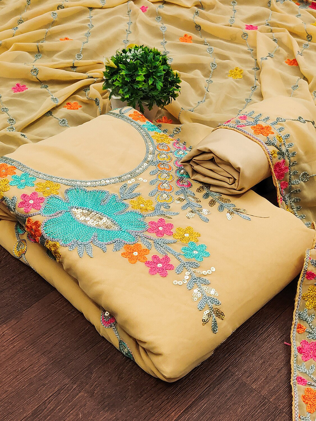 Leeza Store Floral Embellished Sequined Silk Georgette Unstitched Dress Material