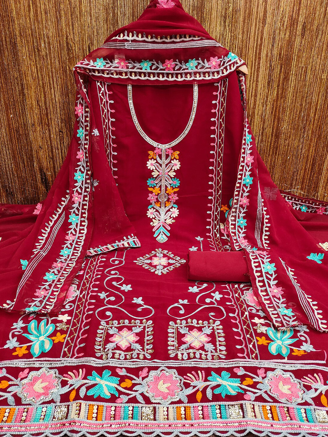 Leeza Store Floral Embroidered Sequinned Detailed Unstitched Dress Material