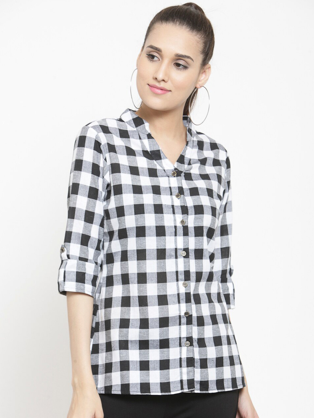 Indietoga Classic Buffalo Checked Mandarin Collar Roll-Up Sleeves Cotton Casual Shirt