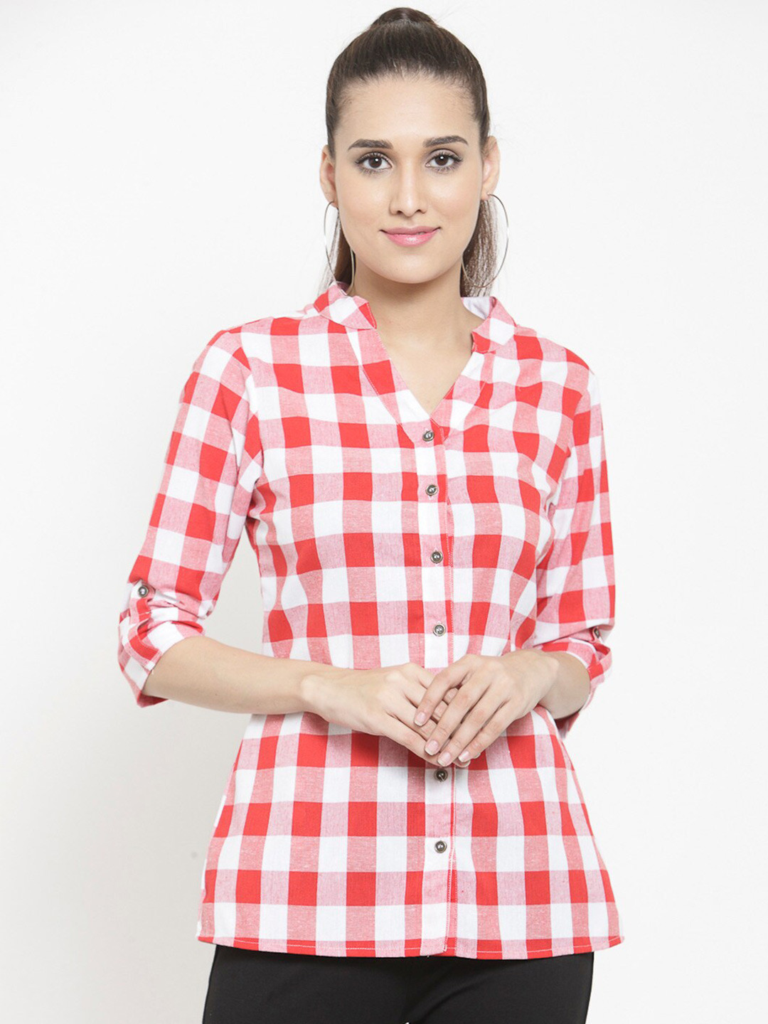 Indietoga Classic Buffalo Checked Mandarin Collar Roll-Up Sleeves Cotton Casual Shirt