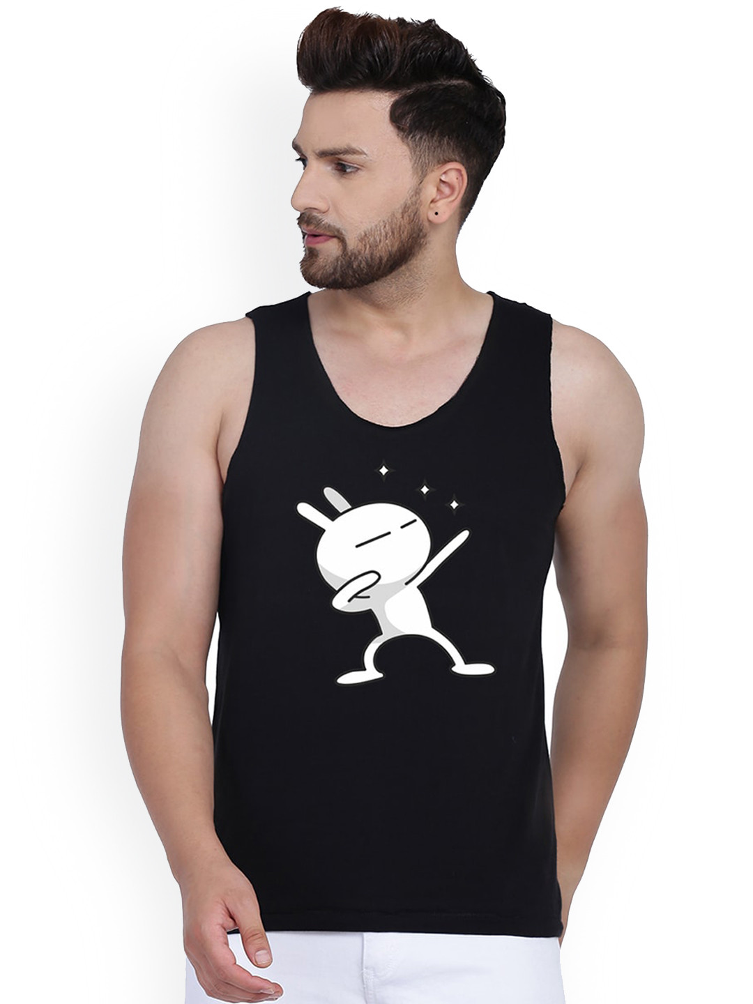 SLOWLORIS Printed Sleeveless Bio Wash Combed Cotton Innerwear Vests SL26 ZOZO BLACK