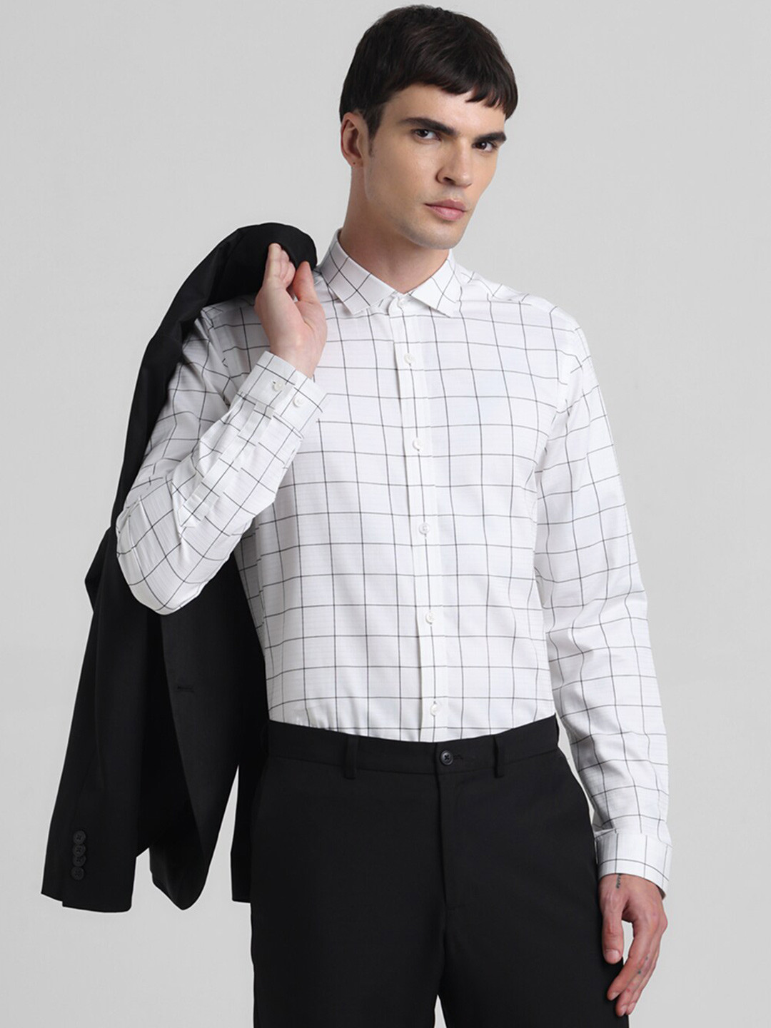 Jack & Jones Alan Jacquard Slim Fit Windowpane Checked Spread Collar Cotton Casual Shirt