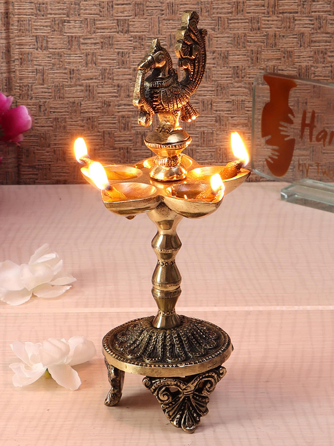 Two Moustaches Peacock Over Carved Legs Five Oil Wick Diya