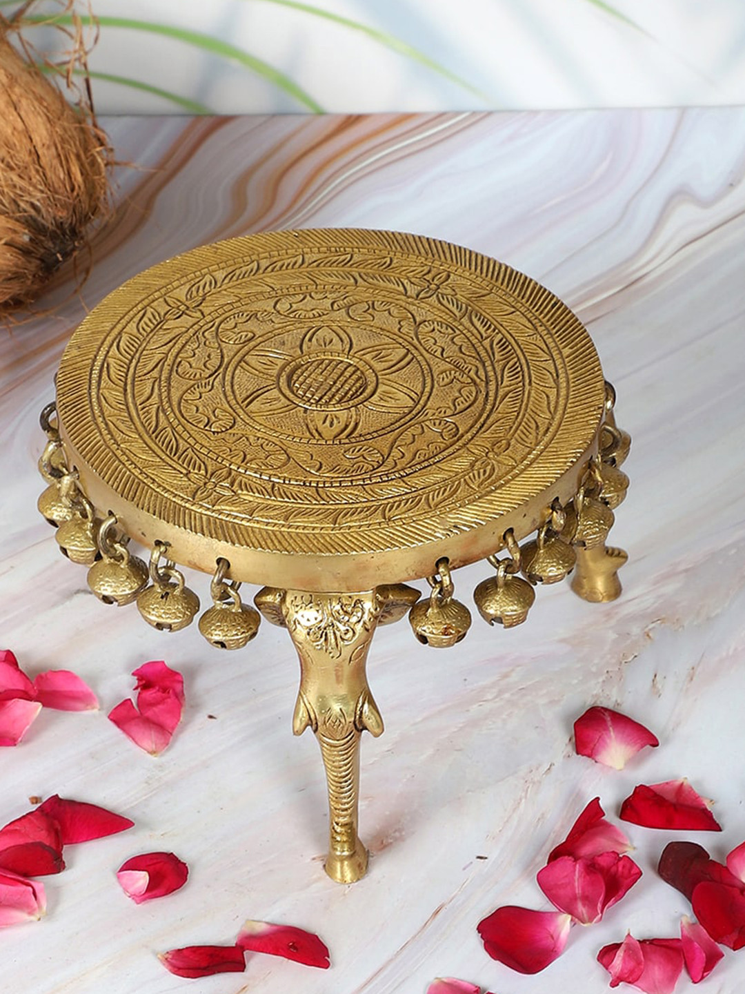 Two Moustaches Gold Toned Elephant Pillar Pooja Chowki with Bells