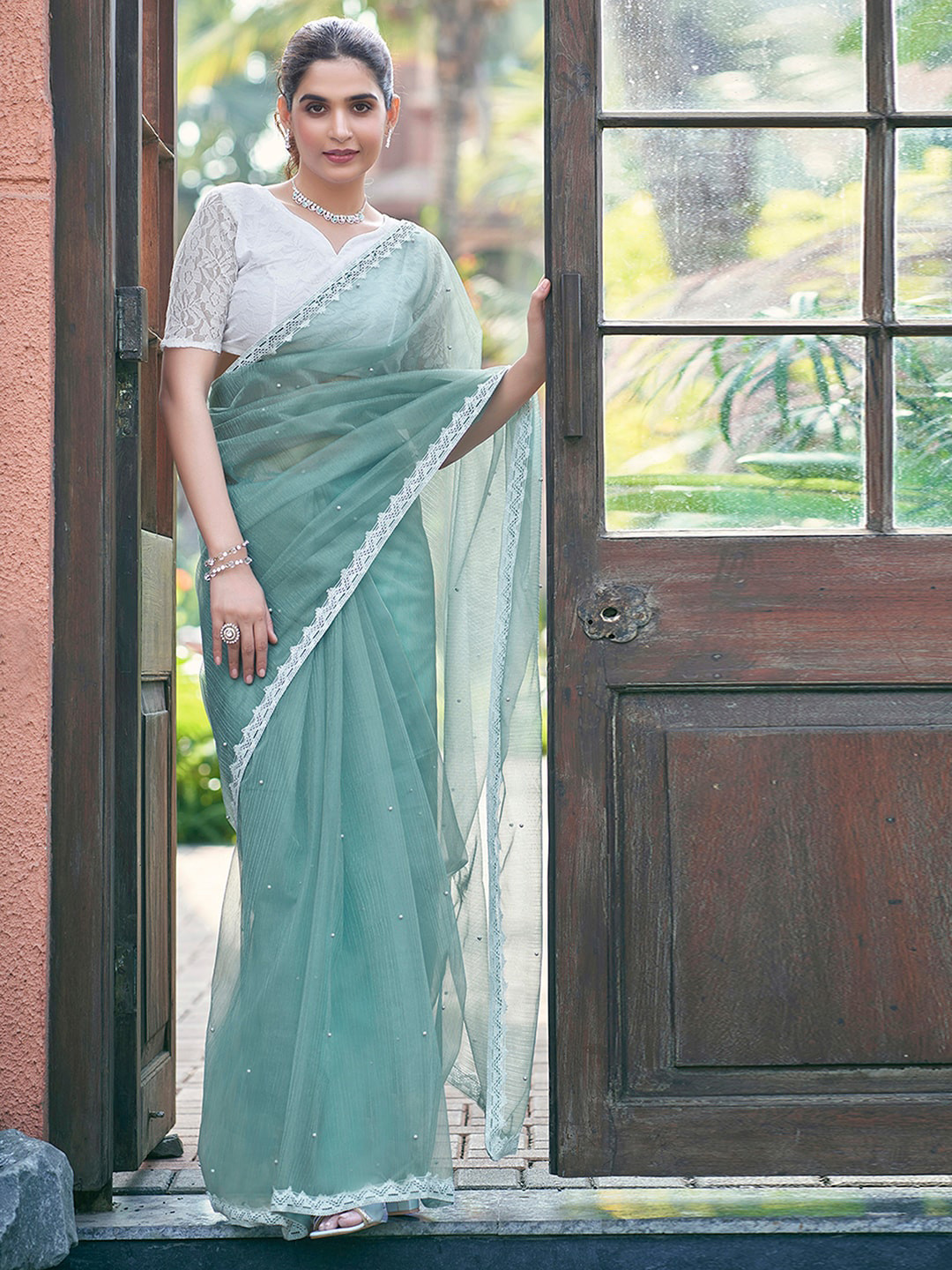 KALINI Ethnic Motifs Beads and Stones Net Muga Saree