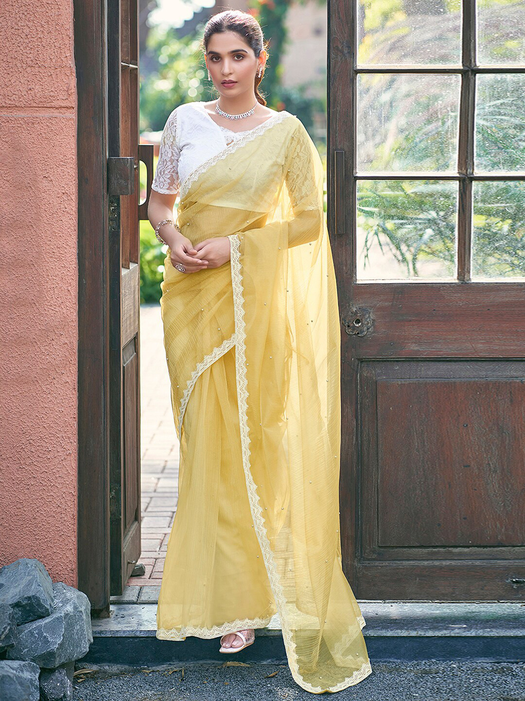 KALINI Floral Beads and Stones Net Muga Saree