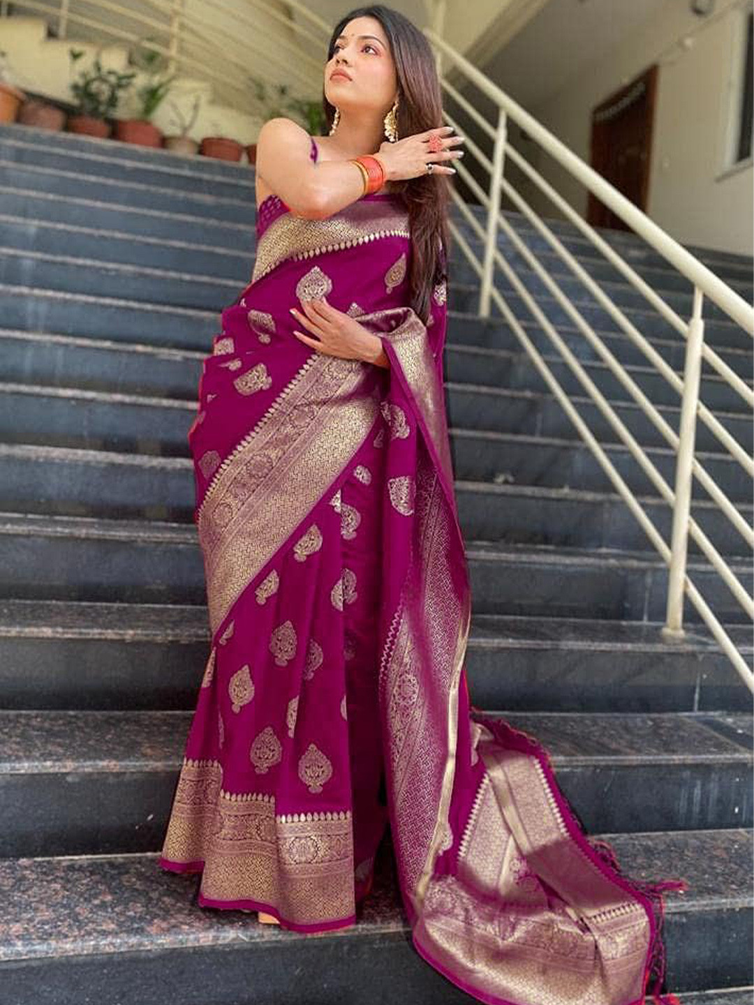 KALINI Woven Design Zari Kanjeevaram Saree with Tassels