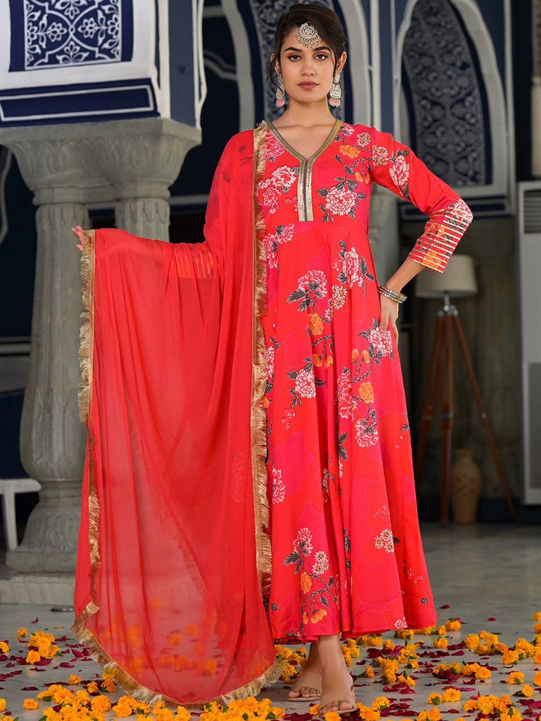 Varanga Floral Printed Gota Empire Anarkali Kurta With Dupatta
