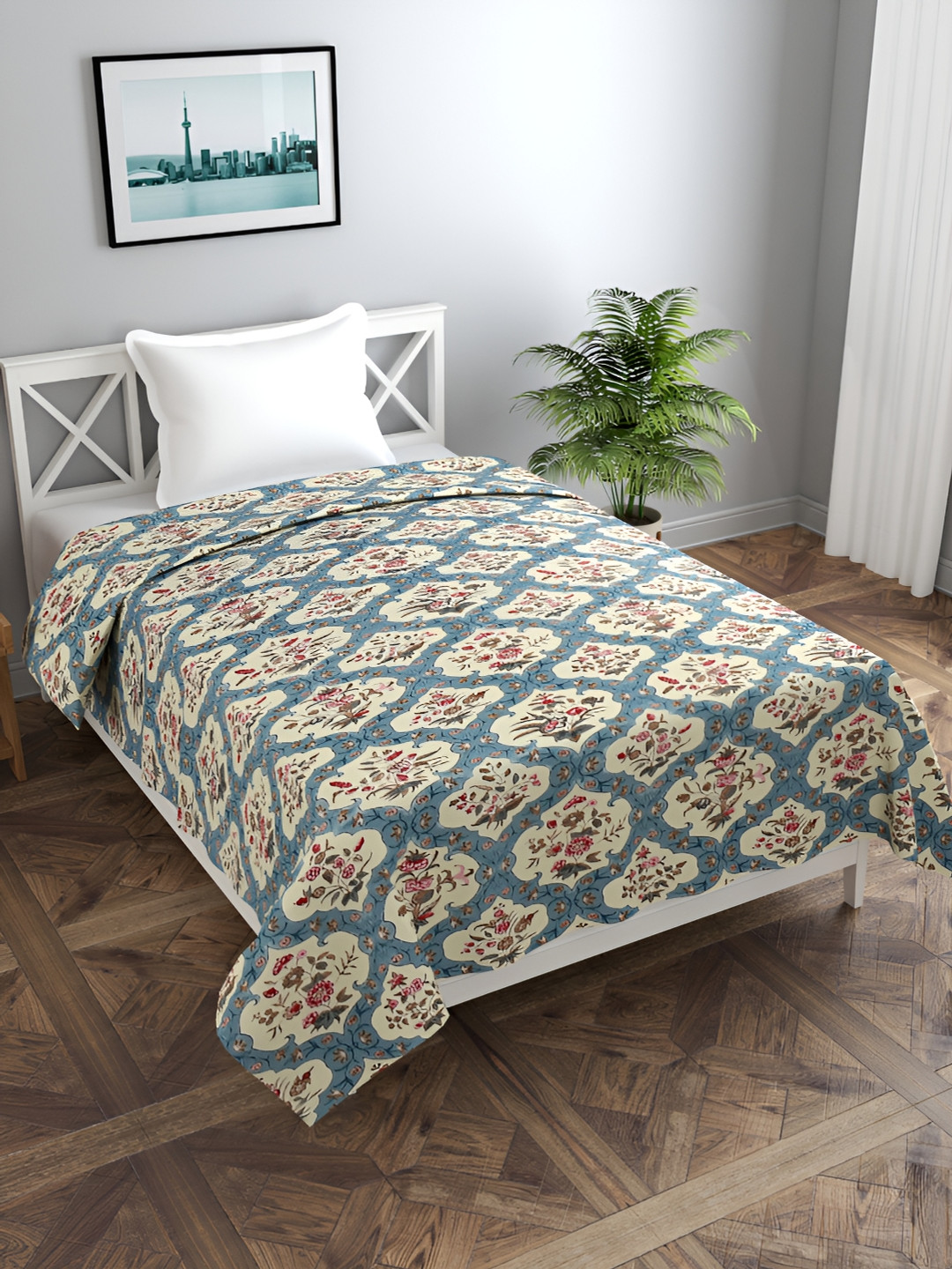 MORADO Blue & Beige Flower Printed Cotton Duvet Cover