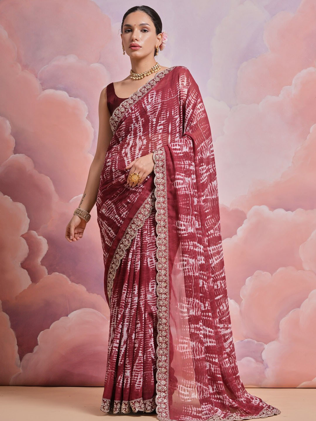 Mitera Maroon & White Tie and Dye Embroidered Pure Georgette Saree