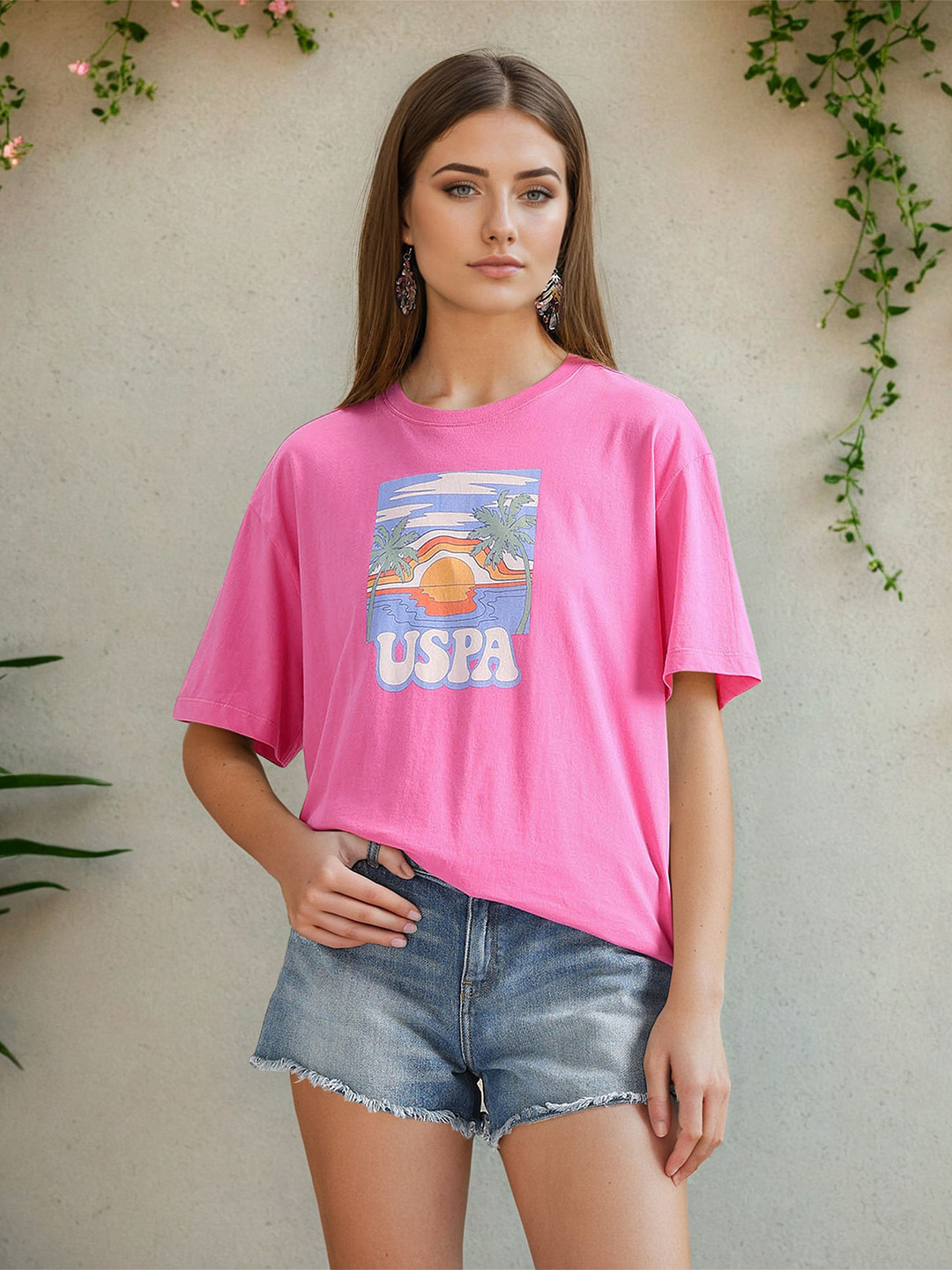 U.S. Polo Assn. Women Graphic Printed Drop-Shoulder Sleeves Pure Cotton Oversized T-shirt