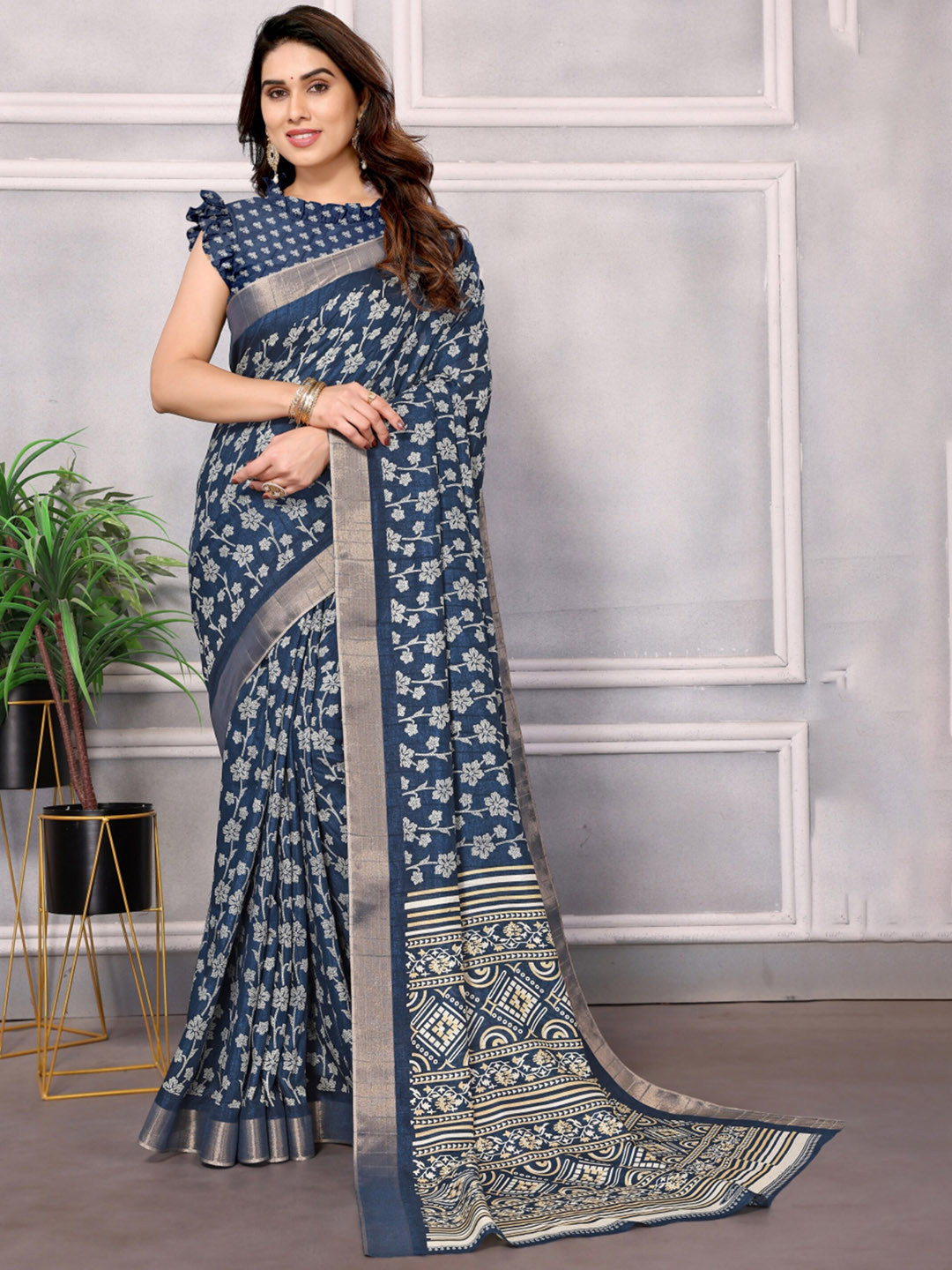 saretramall Floral Printed Zari Maheshwari Saree