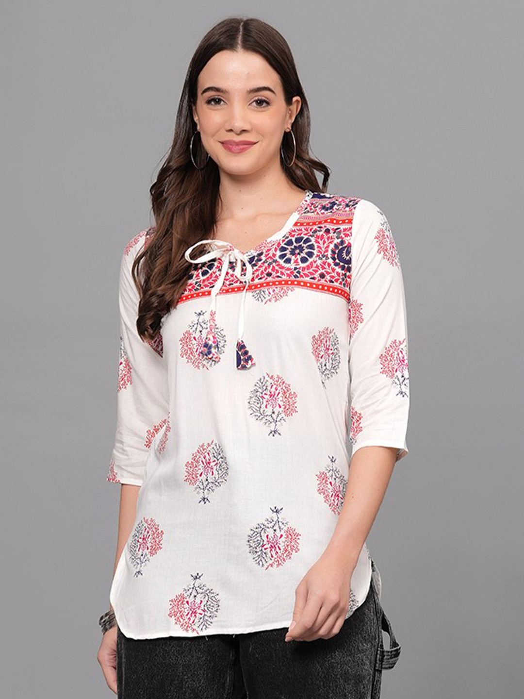 JAHIDA COMFORT WITH STYLE Floral Print Tie-Up Neck Top