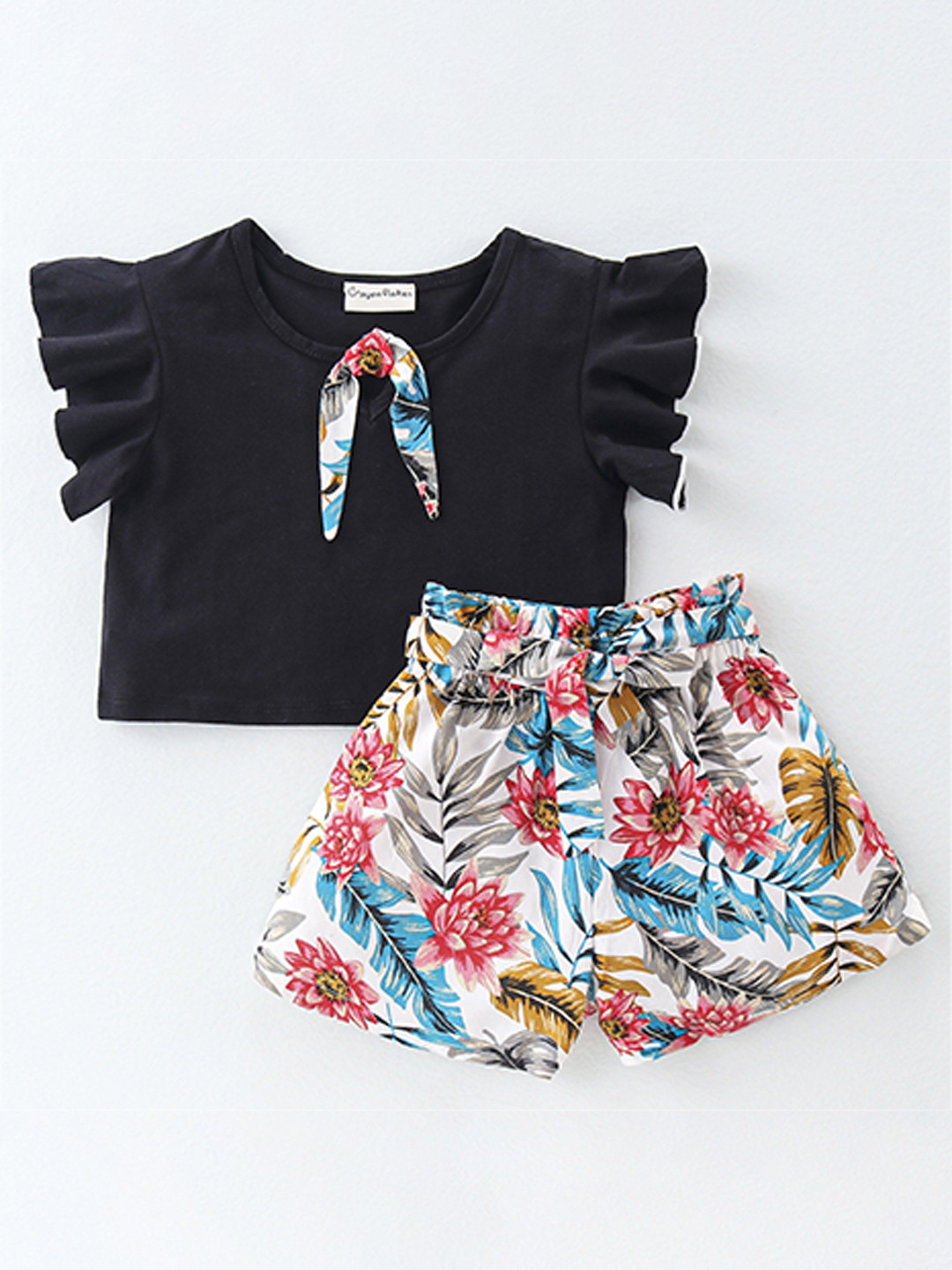 CrayonFlakes Girls Floral Printed Futter Sleeve Top with Shorts