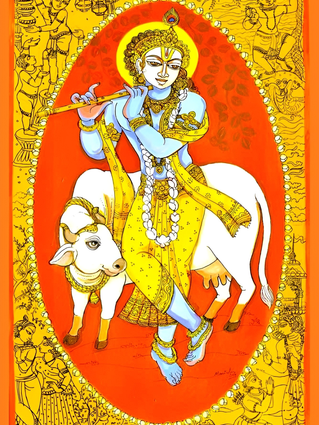 British Terminal Yellow & Red Lord Krishna Religious Wall Painting