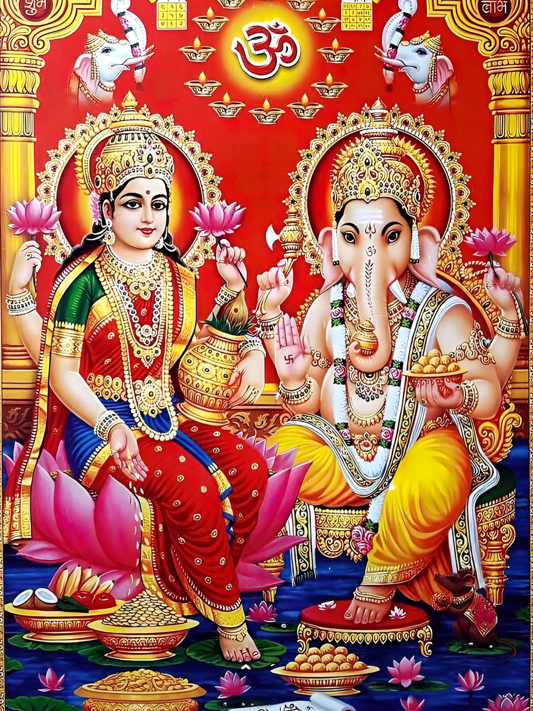 British Terminal Red Lord Ganesha with Goddess Lakshmi Maa Religious Wall Photograph