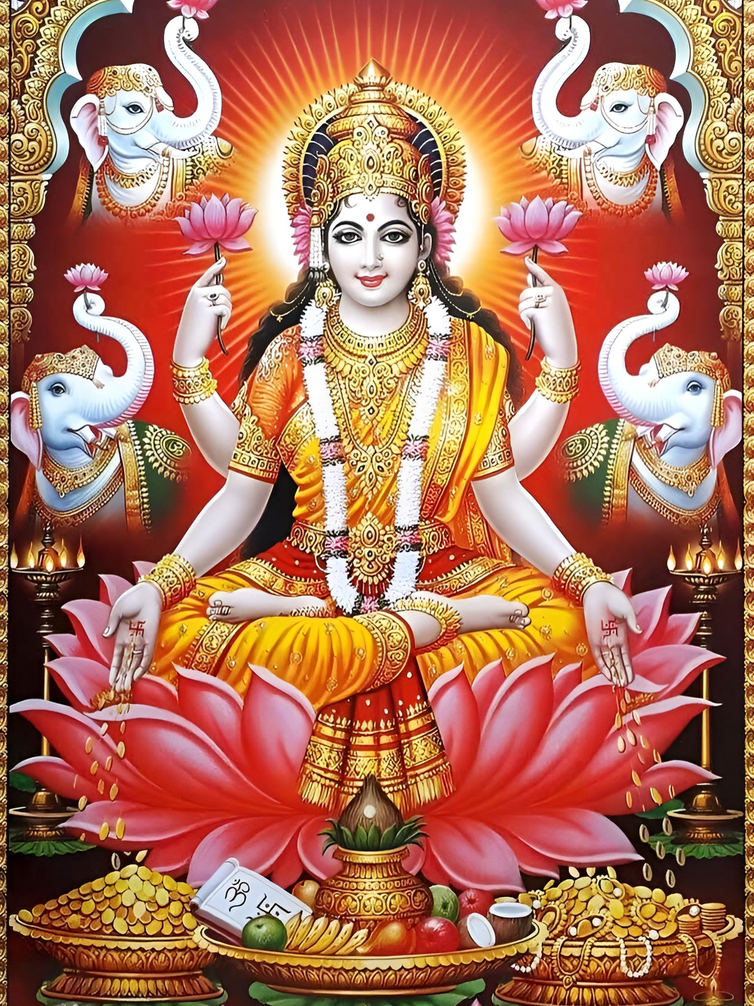 British Terminal Red & Gold-Toned Goddess Lakshmi Maa Religious Wall Painting