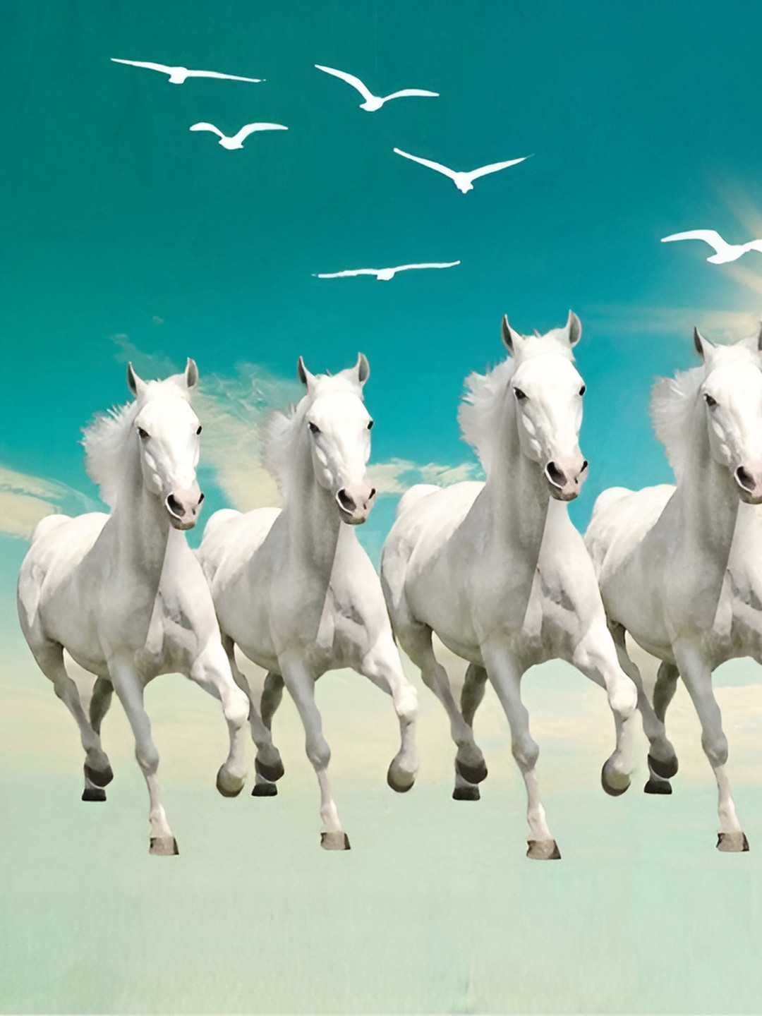 British Terminal White & Blue Seven Lucky Running Horses Animals Wall Photograph