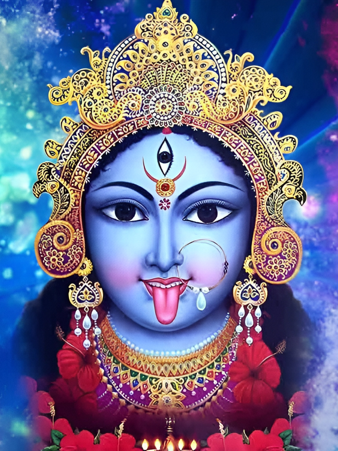 British Terminal Gold-Toned & Black Maa Kali Religious Wall Paintings